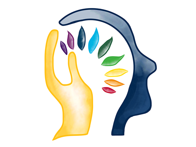 profile of head and hand with colorful brain